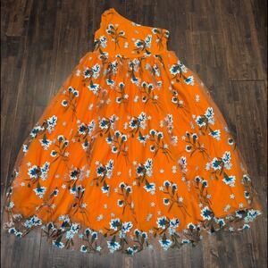 JessaKae Serene Orange Tulle Embroidered Floral One Shoulder Maxi Dress Women XL
